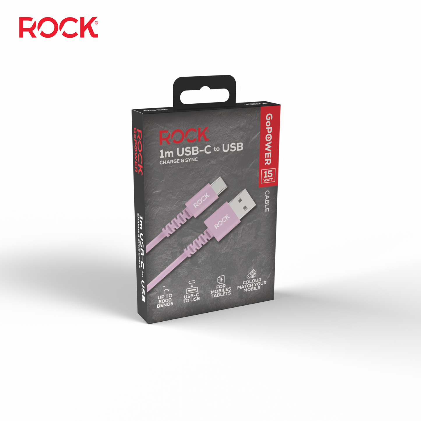Rock Go Power 1 Metre USB to USB-C Charge & Sync Cable, 15W Soft Pink