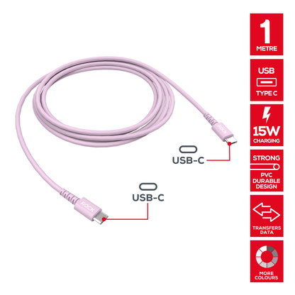 Rock Go Power 1 Metre USB-C to USB-C Charge & Sync Cable, 15W Soft Pink