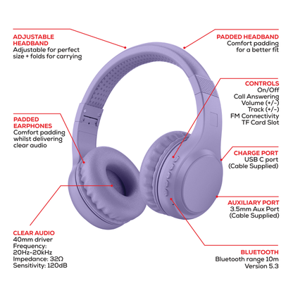 Rock Montari Lite Bluetooth On-Ear Headphones with 14 hour Playback - Purple