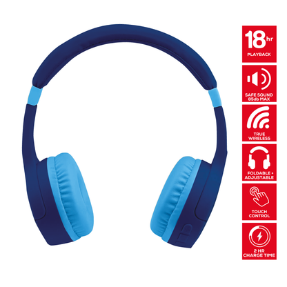 Rock Kids Safe Bluetooth On-Ear Headphones with 18 hour Playback - Blue