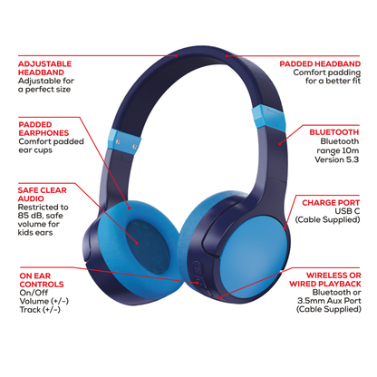 Rock Kids Safe Bluetooth On-Ear Headphones with 18 hour Playback - Blue