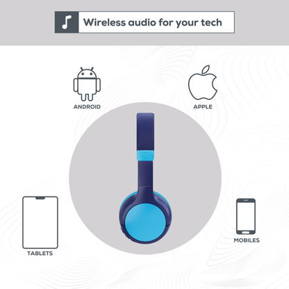 Rock Kids Safe Bluetooth On-Ear Headphones with 18 hour Playback - Blue