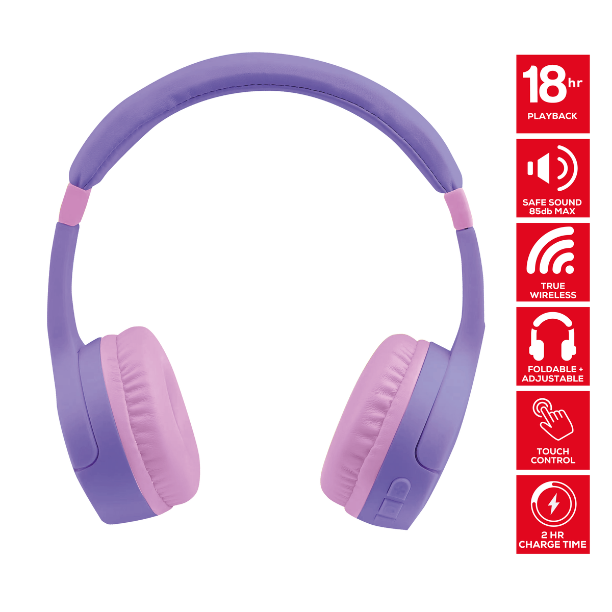 Rock Kids Safe Bluetooth On-Ear Headphones with 18 hour Playback - Purple
