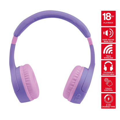 Rock Kids Safe Bluetooth On-Ear Headphones with 18 hour Playback - Purple