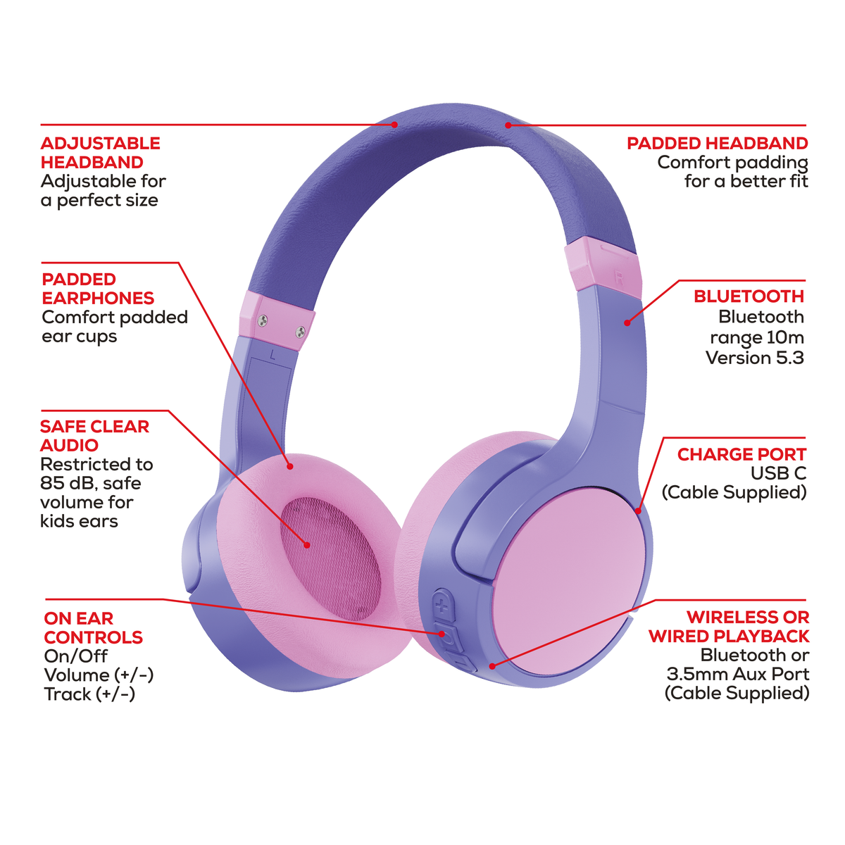 Rock Kids Safe Bluetooth On-Ear Headphones with 18 hour Playback - Purple