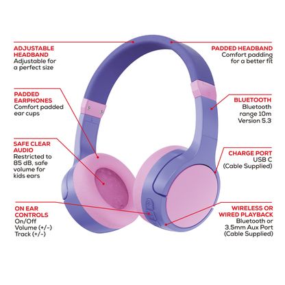 Rock Kids Safe Bluetooth On-Ear Headphones with 18 hour Playback - Purple