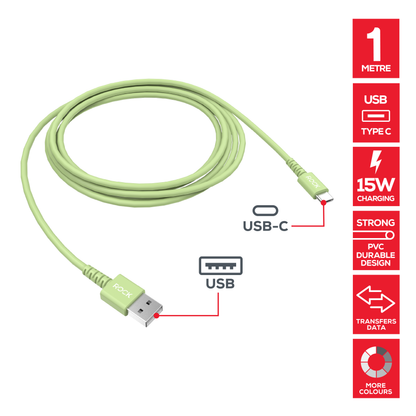 Rock Go Power 1 Metre USB to USB-C Charge & Sync Cable, 15W Sage