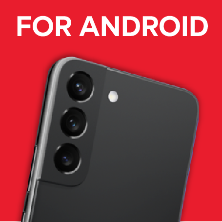 Black smartphone with camera setup on a red background and 'FOR ANDROID' text.
