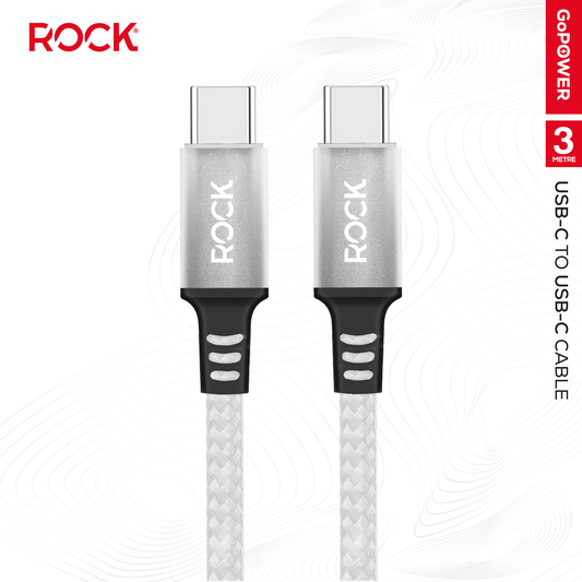 Rock Go Power 3 Metre Braided USB-C to USB-C Charge & Sync Cable, 15W White