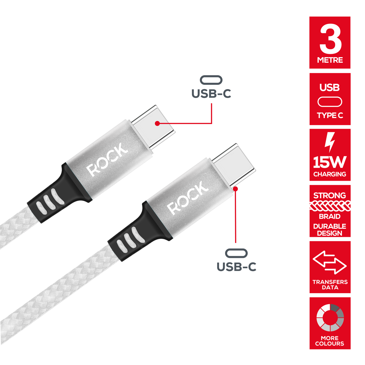 Rock Go Power 3 Metre Braided USB-C to USB-C Charge & Sync Cable, 15W White