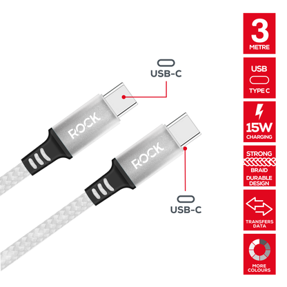 Rock Go Power 3 Metre Braided USB-C to USB-C Charge & Sync Cable, 15W White