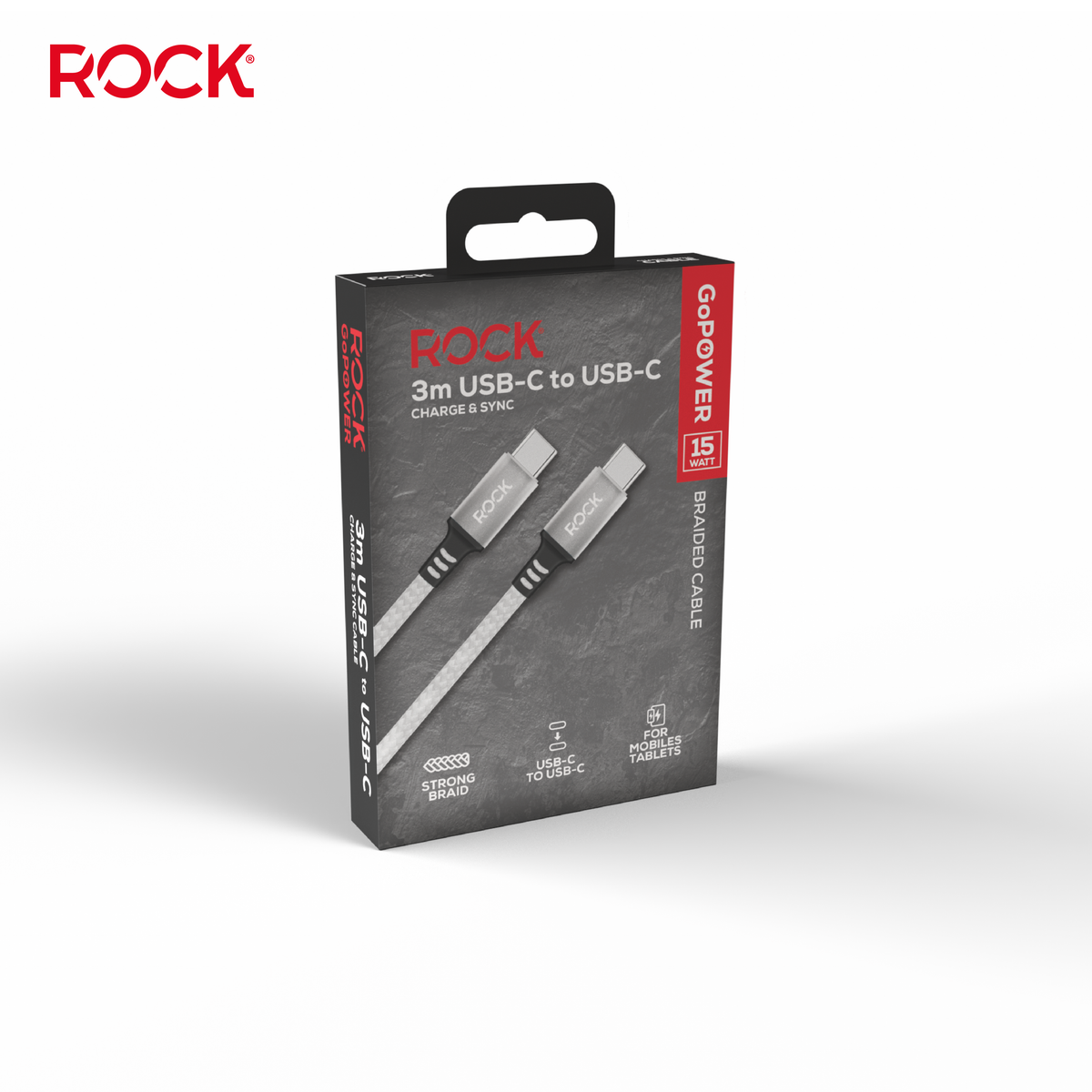 Rock Go Power 3 Metre Braided USB-C to USB-C Charge & Sync Cable, 15W White