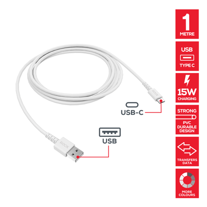 Rock Go Power 1 Metre USB to USB-C Charge & Sync Cable, 15W White
