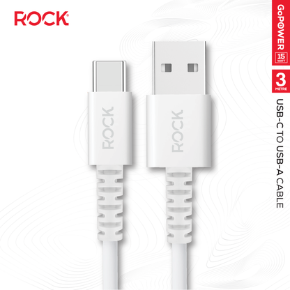 Rock Go Power 3 Metre USB to USB-C Charge & Sync Cable, 15W White