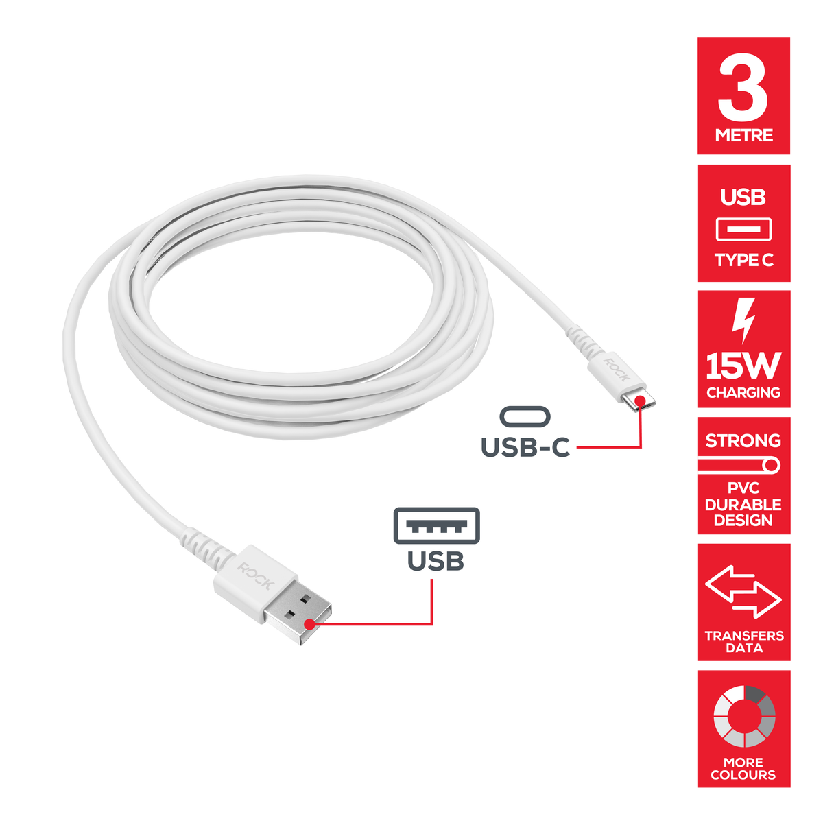 Rock Go Power 3 Metre USB to USB-C Charge & Sync Cable, 15W White
