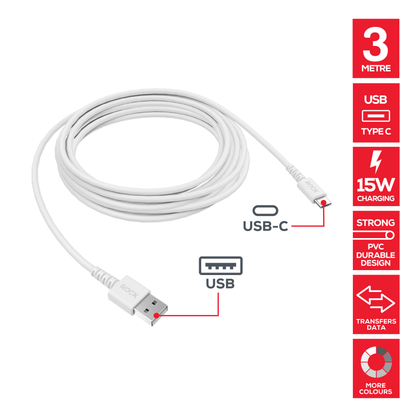 Rock Go Power 3 Metre USB to USB-C Charge & Sync Cable, 15W White