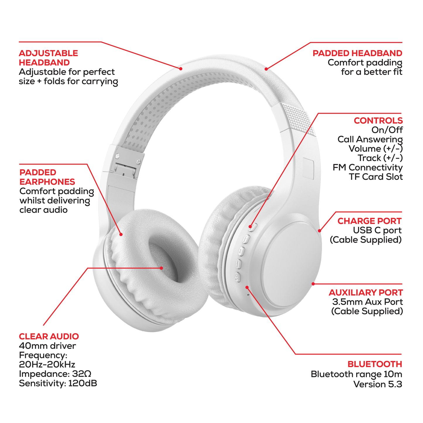 Rock Montari Lite Bluetooth On-Ear Headphones with 14 hour Playback - White