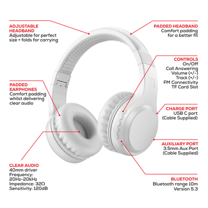 Rock Montari Lite Bluetooth On-Ear Headphones with 14 hour Playback - White