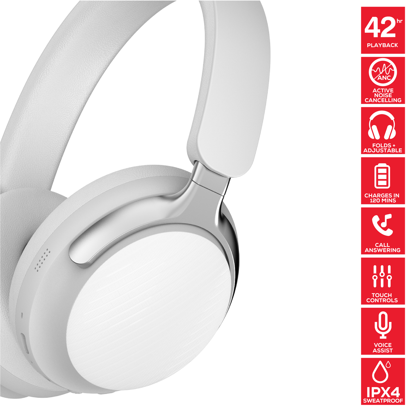 Rock Montari ANC Bluetooth On-Ear Headphones with 42 hour Playback - White