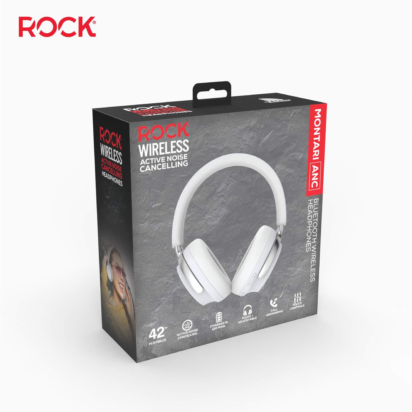 Rock Montari ANC Bluetooth On-Ear Headphones with 42 hour Playback - White