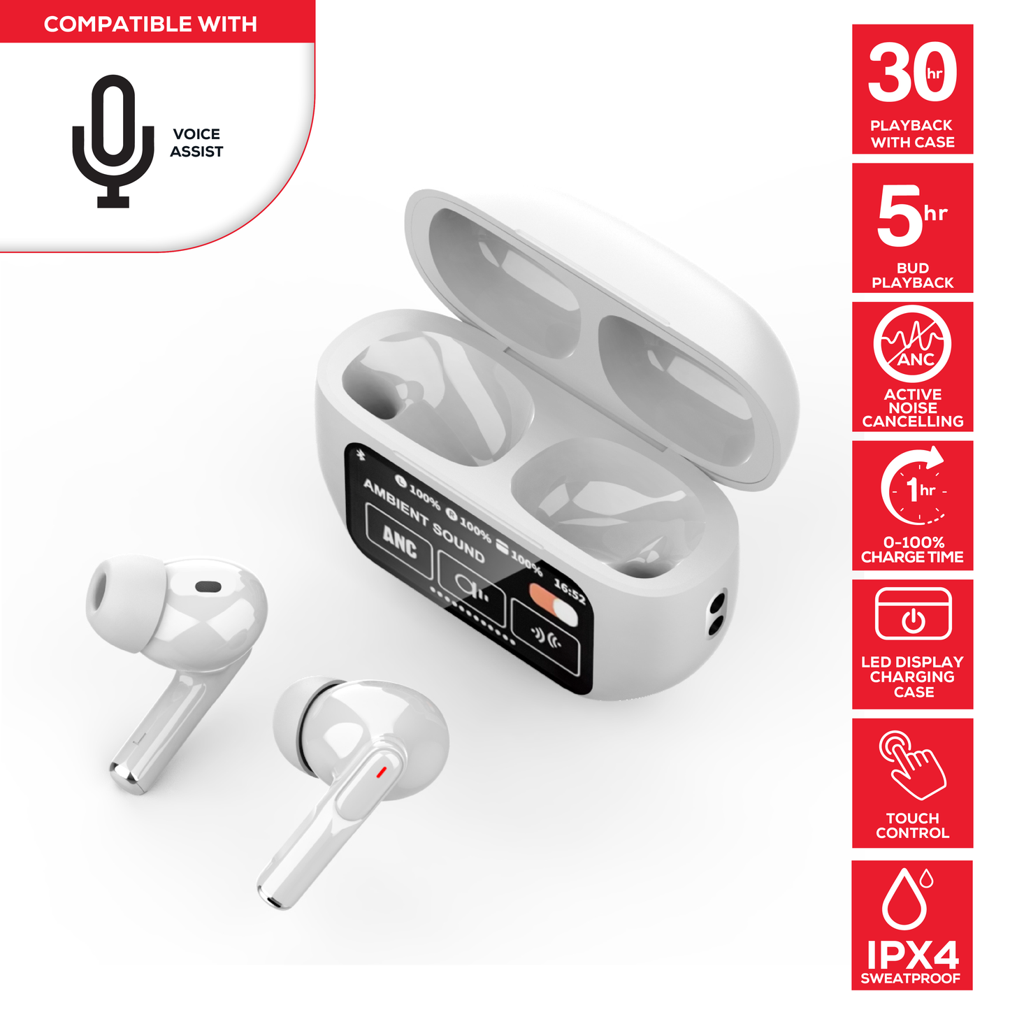 Rock Palm Lite Touch ANC Wireless In-Ear Earbuds with 30 hour Playback - White