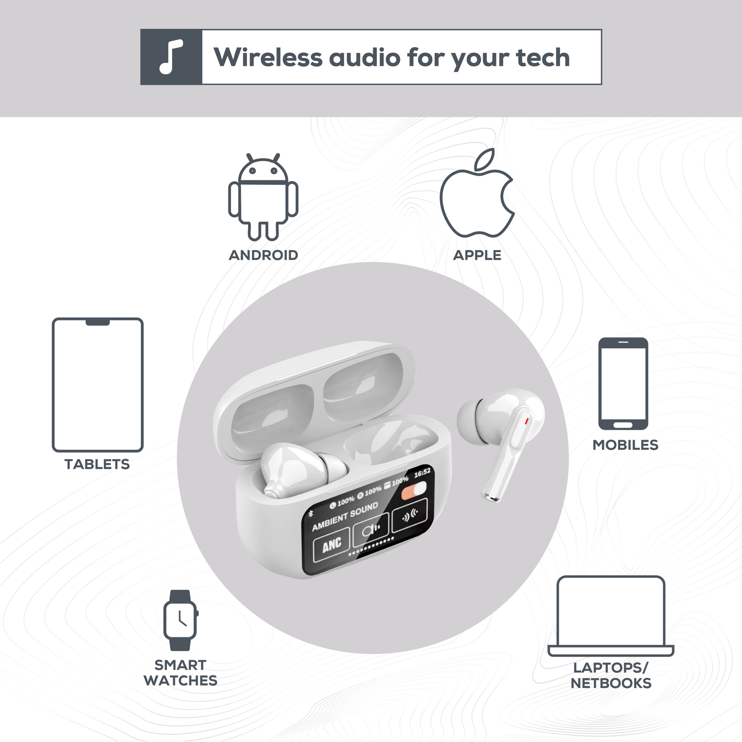 Rock Palm Lite Touch ANC Wireless In-Ear Earbuds with 30 hour Playback - White