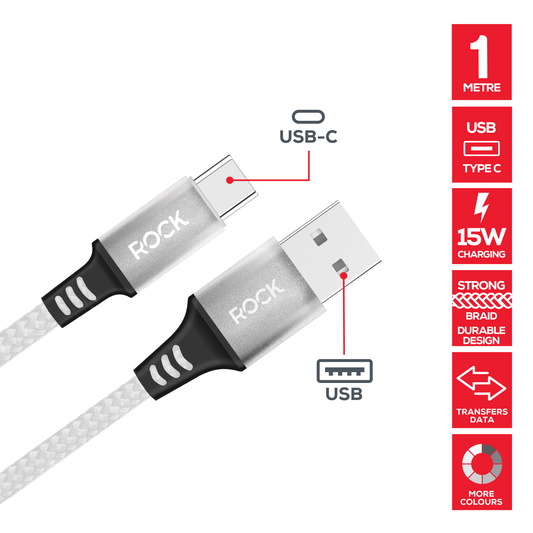 Rock Go Power Braided 1 Metre USB-C To USB Charging Cable - White