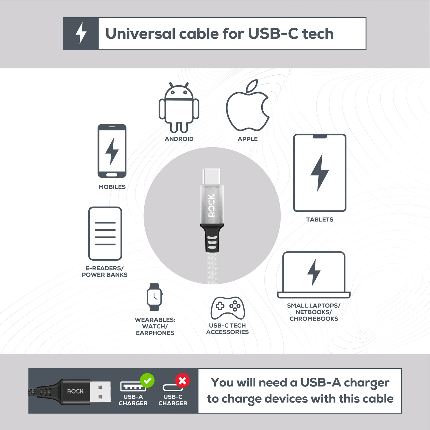 Rock Go Power Braided 1 Metre USB-C To USB Charging Cable - White