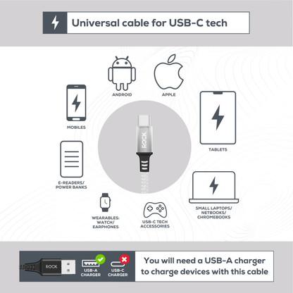 Rock Go Power Braided 1 Metre USB-C To USB Charging Cable - White